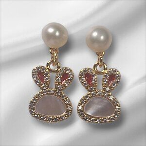 Pearl Bunny Drop Earrings, 14K Gold Plated Micro Zircon Rimmed Crystals, Mother
